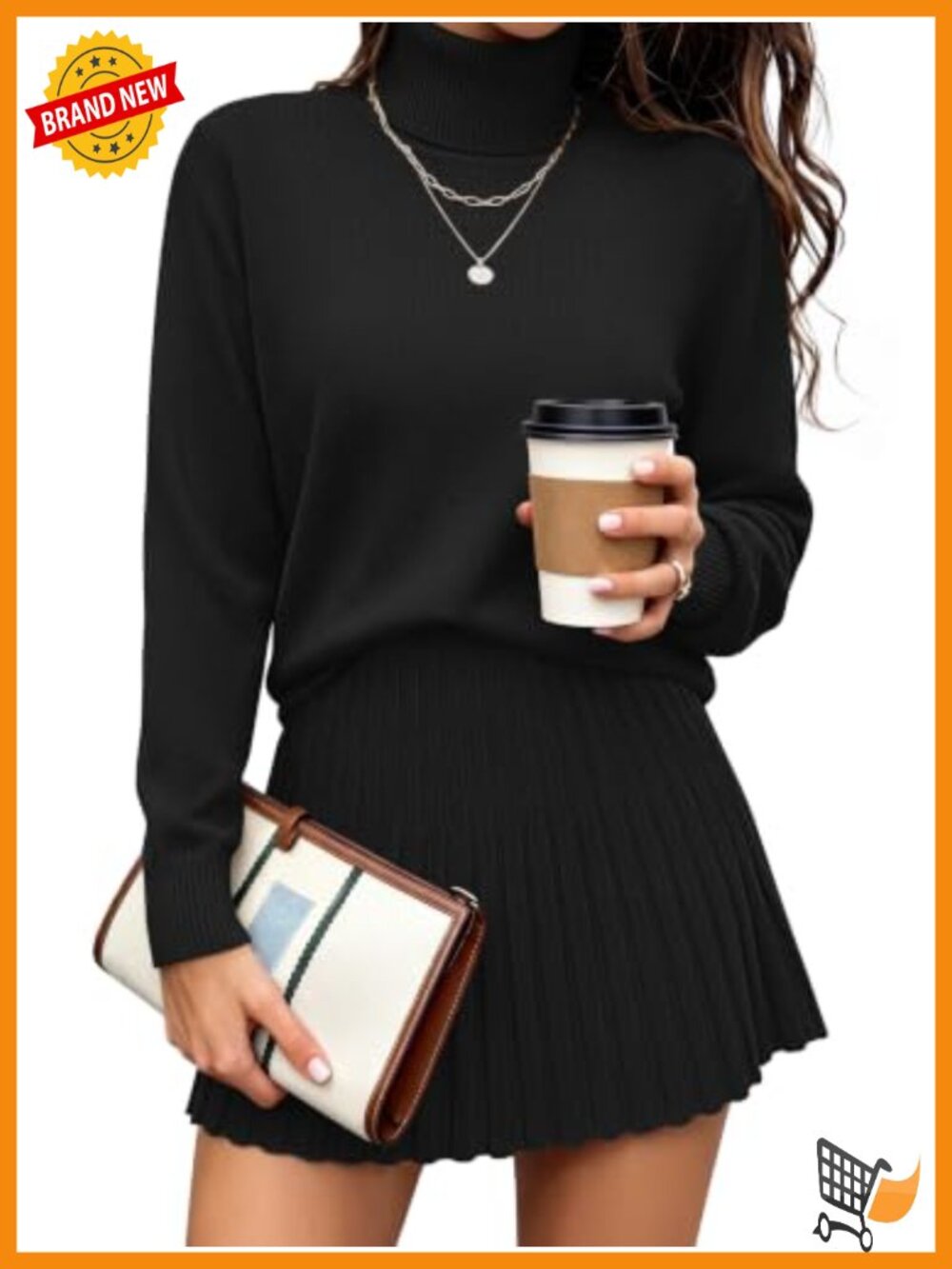 Women 2 Piece Sweater Skirt Set Turtleneck Pullover Pleated Mini Skirt Fall